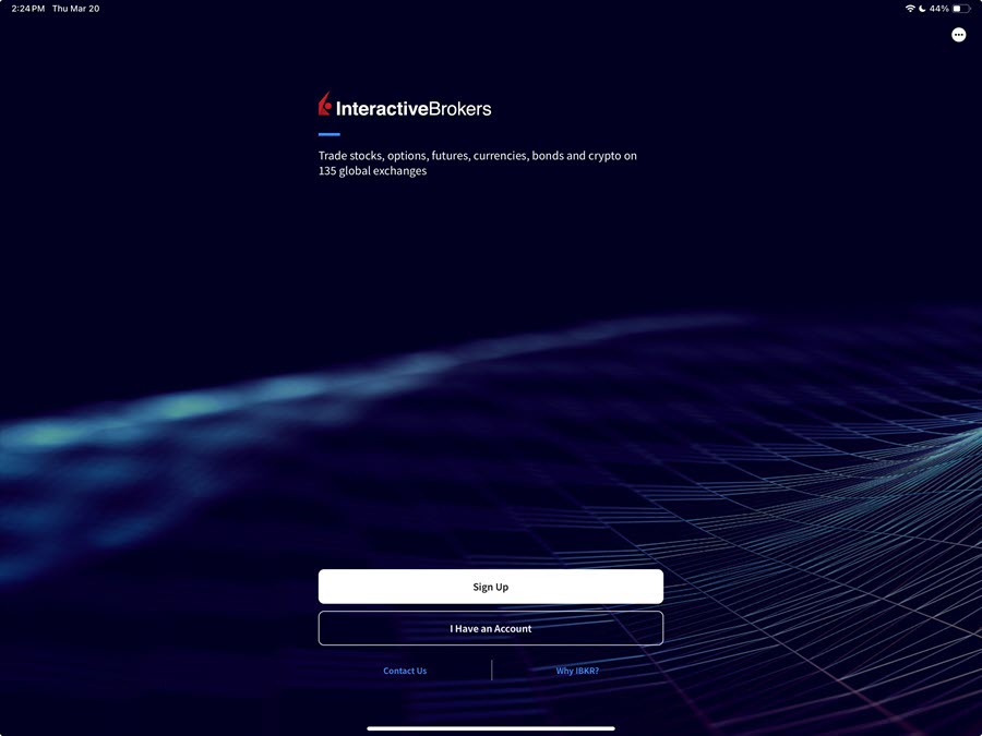 The sign up or login page on the iPad